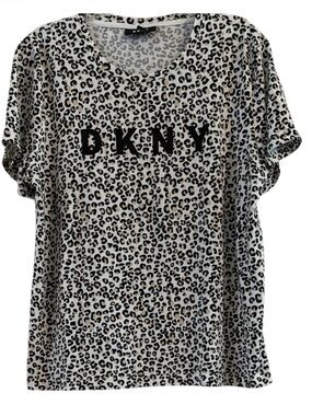 DKNY Cotton Modal Tan Black Leopard Print Logo Graphic Tee XL